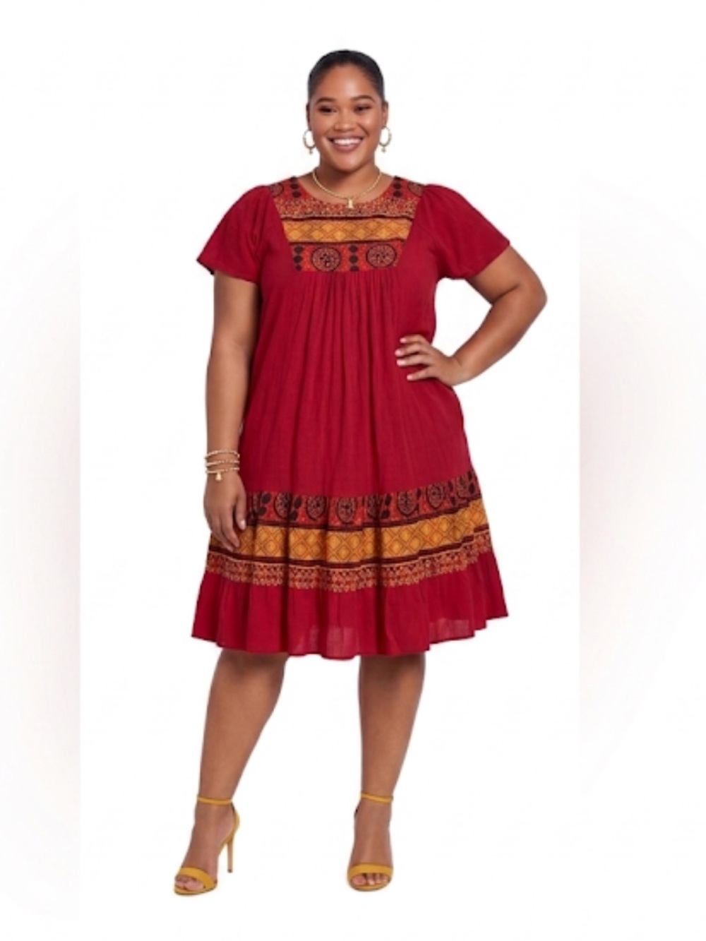 National Missy Paprika Short Sleeve Red Dress Patterned Trim Size: Large